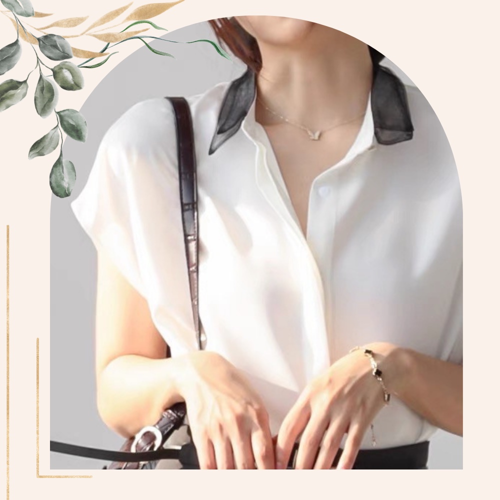Áo sơ mi lụa satin cổ lưới mềm mịn