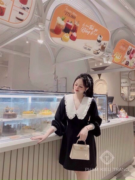 Váy đầm nữ cổ bẻ trắng tay phồng dáng suông trẻ trung
