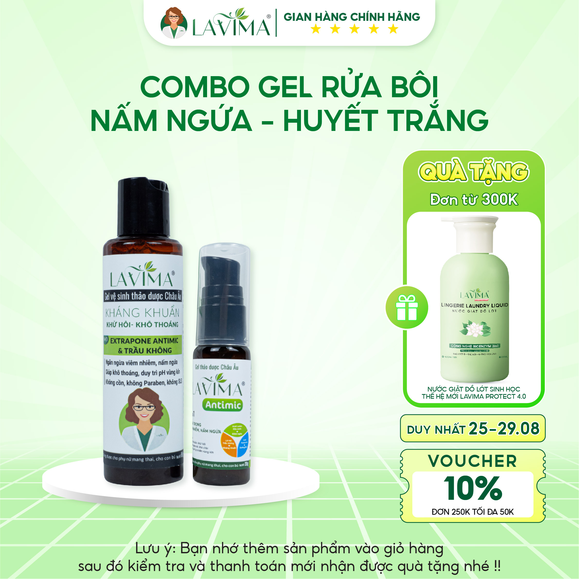 Bộ Gel Vệ Sinh Phụ Nữ & Gel Bôi Phụ Khoa Thảo Dược Châu Âu LAVIMA - Huyết Trắng, Nấm Ngứa, Lộ Tuyến, An Toàn Cho Mẹ Bầu, Sau Sinh