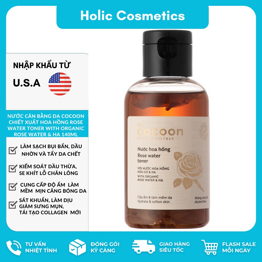 Nước cân bằng da cocoon chiết xuất hoa hồng rose water toner with organic rose water & ha 140ml