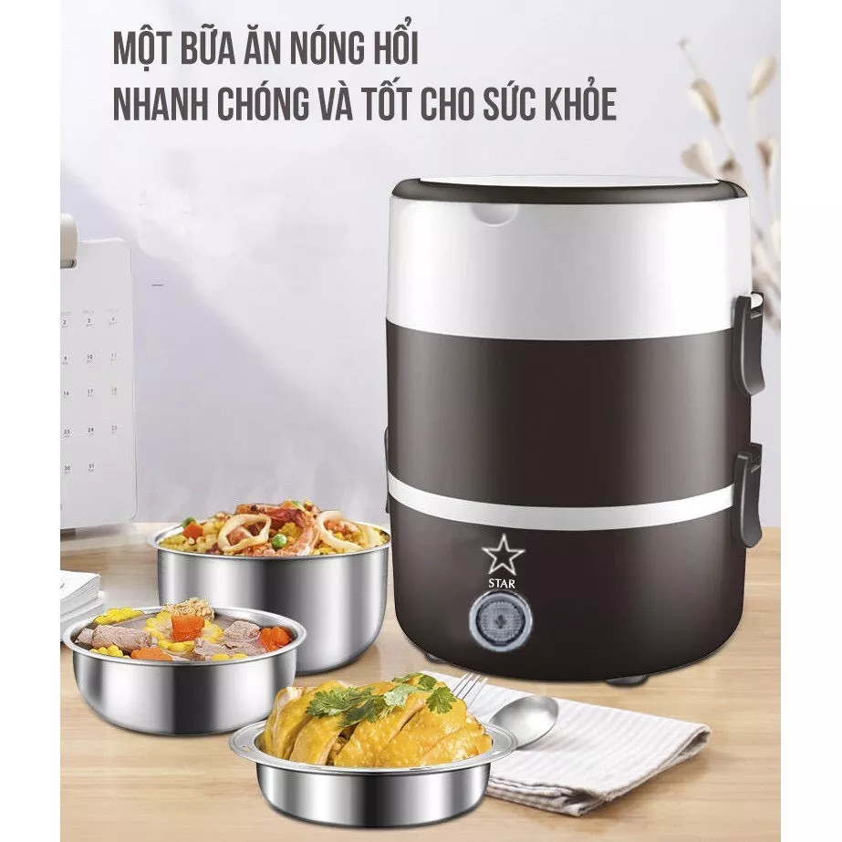 Cặp lồng ủ cơm 3 tầng inox cắm điện, hộp cơm văn phòng, nồi cơm điện mini, hộp giữ nhiệt hâm hấp nấu luộc ba ngăn đựng thông minh ruột inox 304 an toàn cho người sử dụng.