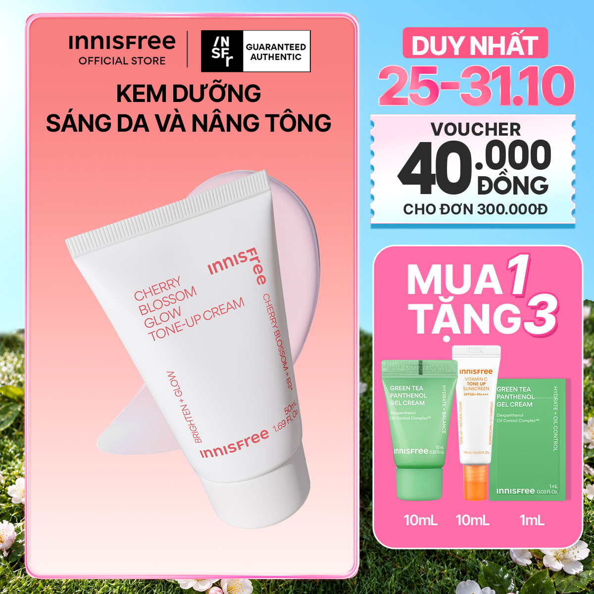Kem nâng tông, dưỡng sáng làm đều màu da từ hoa anh đào INNISFREE Cherry Blossom Tone Up Cream 50ml