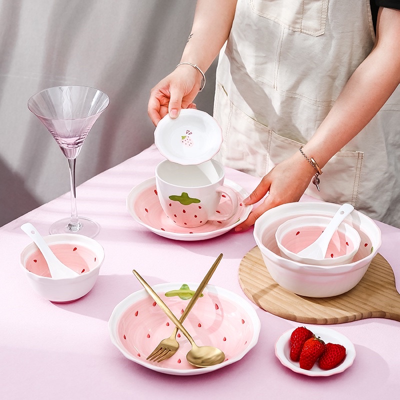 Set Dâu tây hồng tách lẻ món hàng cao cấp bát đĩa sứ cute dễ thương bát đĩa ăn dặm bát đĩa decor dâu tây hồng
