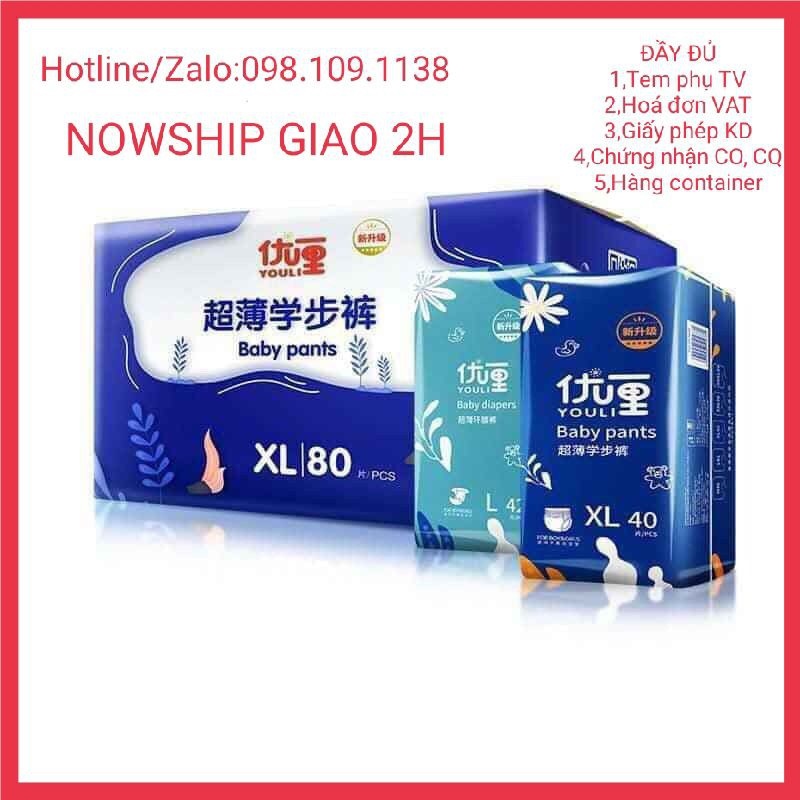 Tã bỉm dán/ quần youli xanh đủ size s54/m46/l42/xl38 m44/l42/xl40/xxl36/3xl34