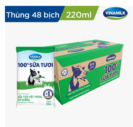 Thùng Sữa tươi tiệt trùng có đường Vinamilk 100% Sữa tươi - 220ml x 48 Bịch