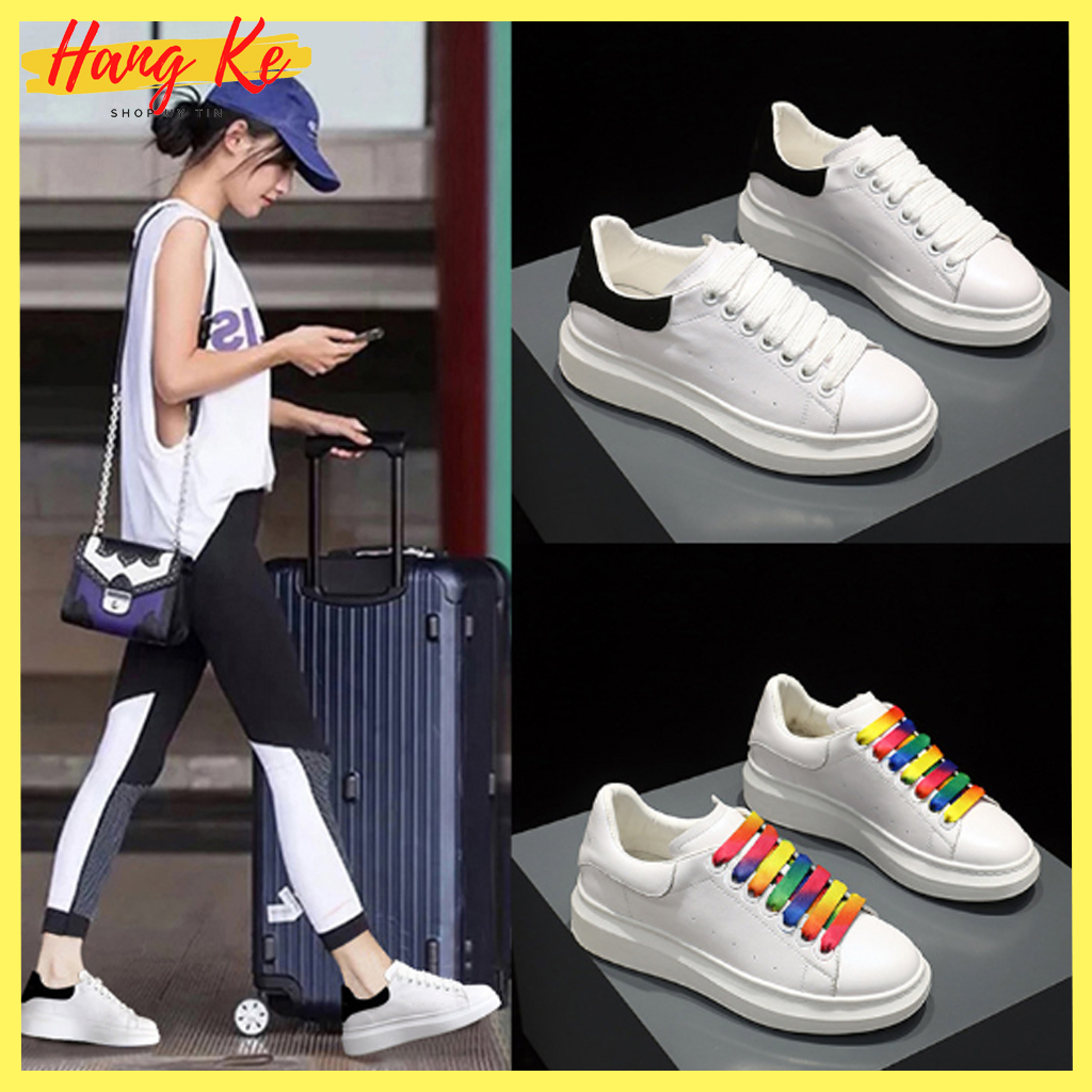 Giày nữ sneaker MQ phối dây 7 màu nổi bật, chất liệu da mềm thoáng khí, đế cao su êm thoải mái cao 3,5cm - Hang ke