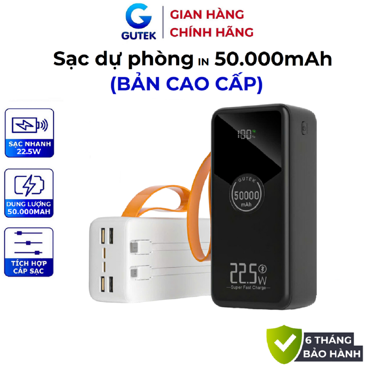  Sạc dự phòng 50000mAh sạc nhanh 22,5W pin dung lượng lớn có dây cắm nhiều điện thoại - Gutek GT230 