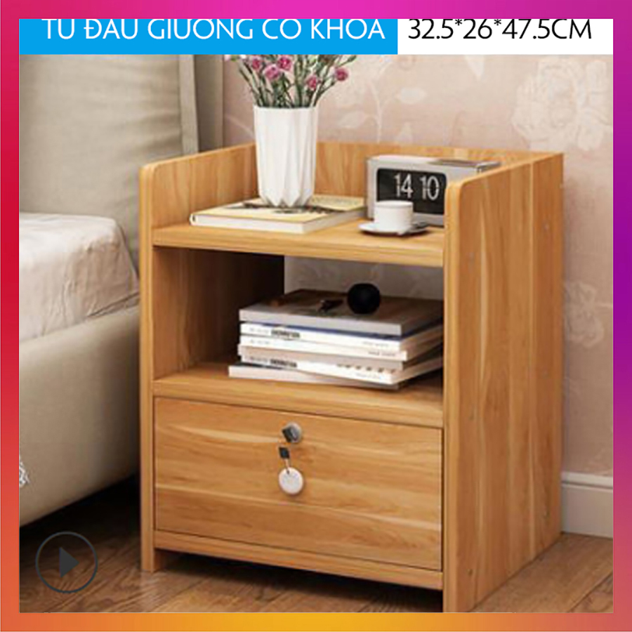 Tủ kệ đầu giường có khóa Kawaii Home, tủ để đèn ngủ, kệ đầu giường, kệ để đồ trang điểm bằng gỗ kích thước 33*26*47,5cm sang trọng, hiện đại