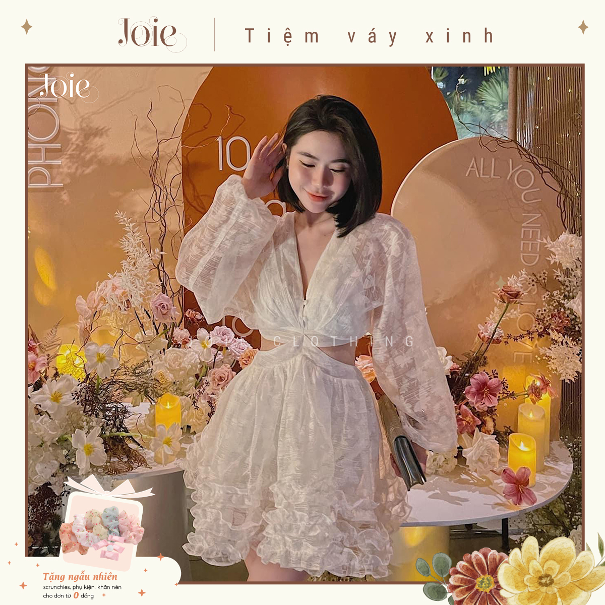 Đầm đi tiệc, váy voan hoa nổi khoét eo sang trọng - joie