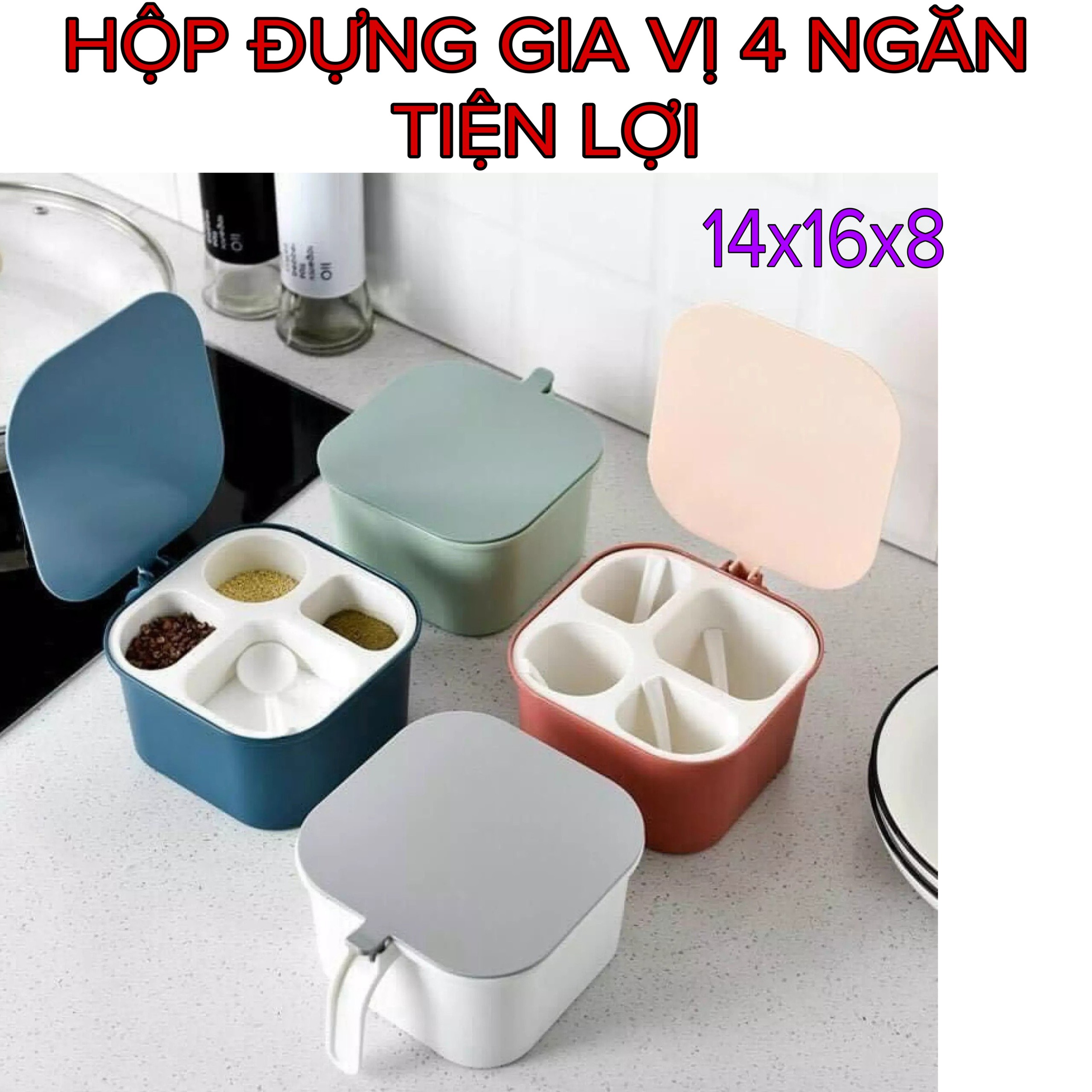 Hộp đựng gia vị 4 ngăn 14x16x8cm - Hộp đựng gia vị nhà bếp lọ đựng muối tiêu - Hộp đựng gia vị 4 trong 1 - Lọ đựng gia vị lúa mạch mini tiện dụng