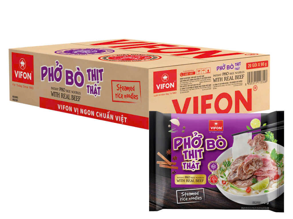 Thùng 20 Gói Phở Bò Thịt Thật Vifon 90g (có gói thịt thật) / Hàng Chính Hãng - VF121T