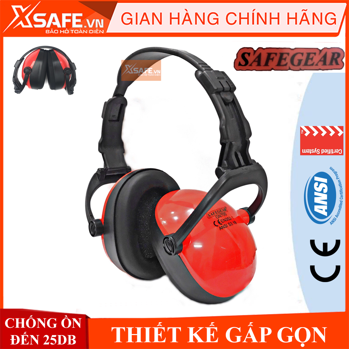 Chụp tai chống ồn Safegear H700 chống ồn 25db nhựa ABS siêu cứng có thể gấp gọn, giúp giảm ồn hiệu quả, đeo tai chống ồn tiện lợi (màu đỏ)