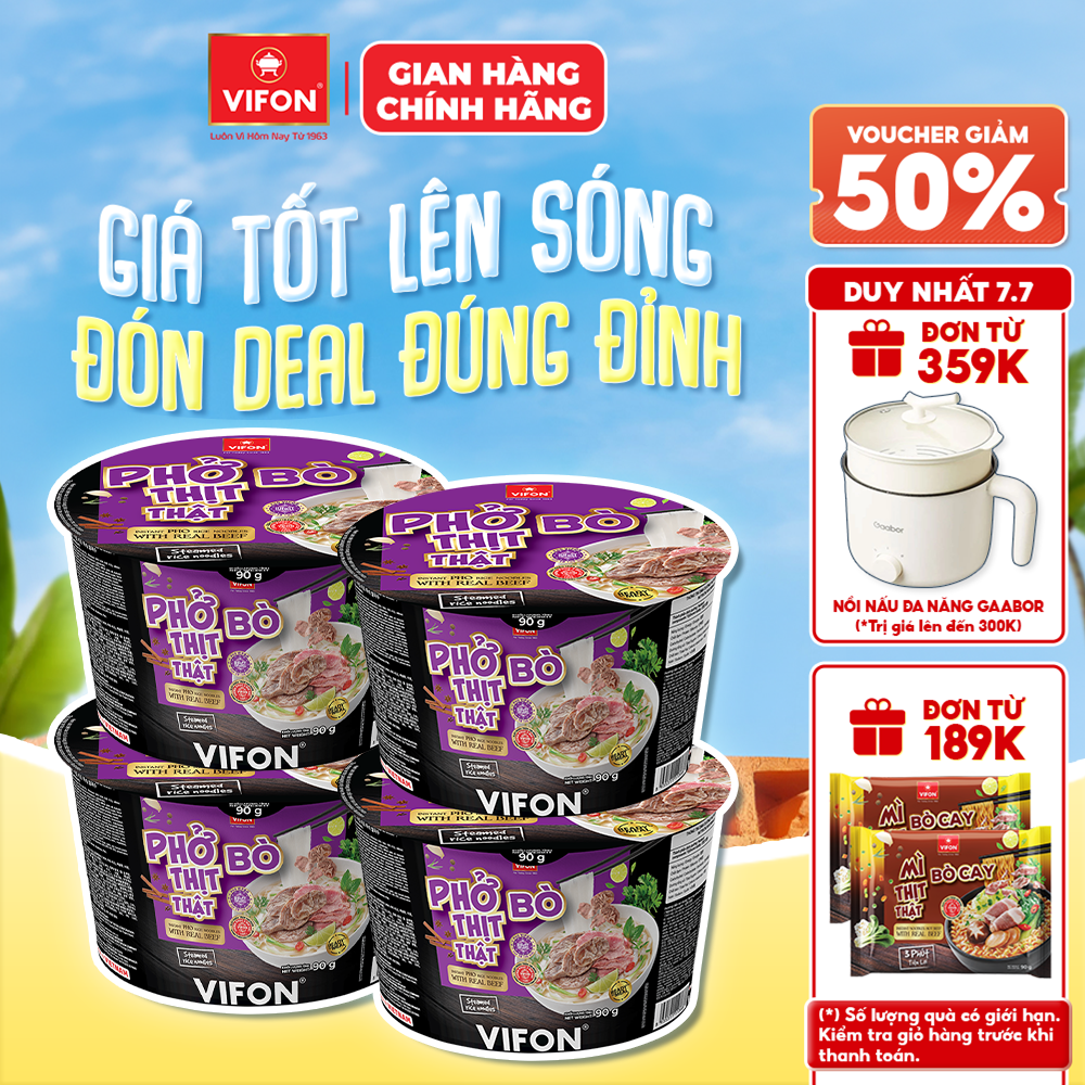 [Voucher 28% đơn từ 400K] Set 4 Tô Phở Bò/ Gà Thịt Thật VIFON 90g Có Gói Thịt Thật Dạng Tô Tiện Lợi