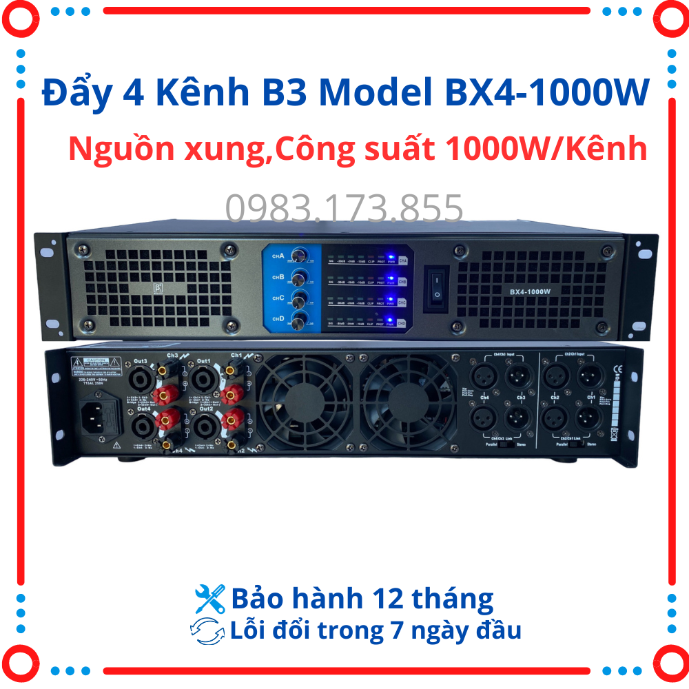 Đẩy 4 kênh nguồn xung mạch class D chuyên dùng cho dàn âm thanh gia đình,công suất 1000W/kênh/4ohm.Tiếng sáng,sạch,bảo hành 12 tháng.