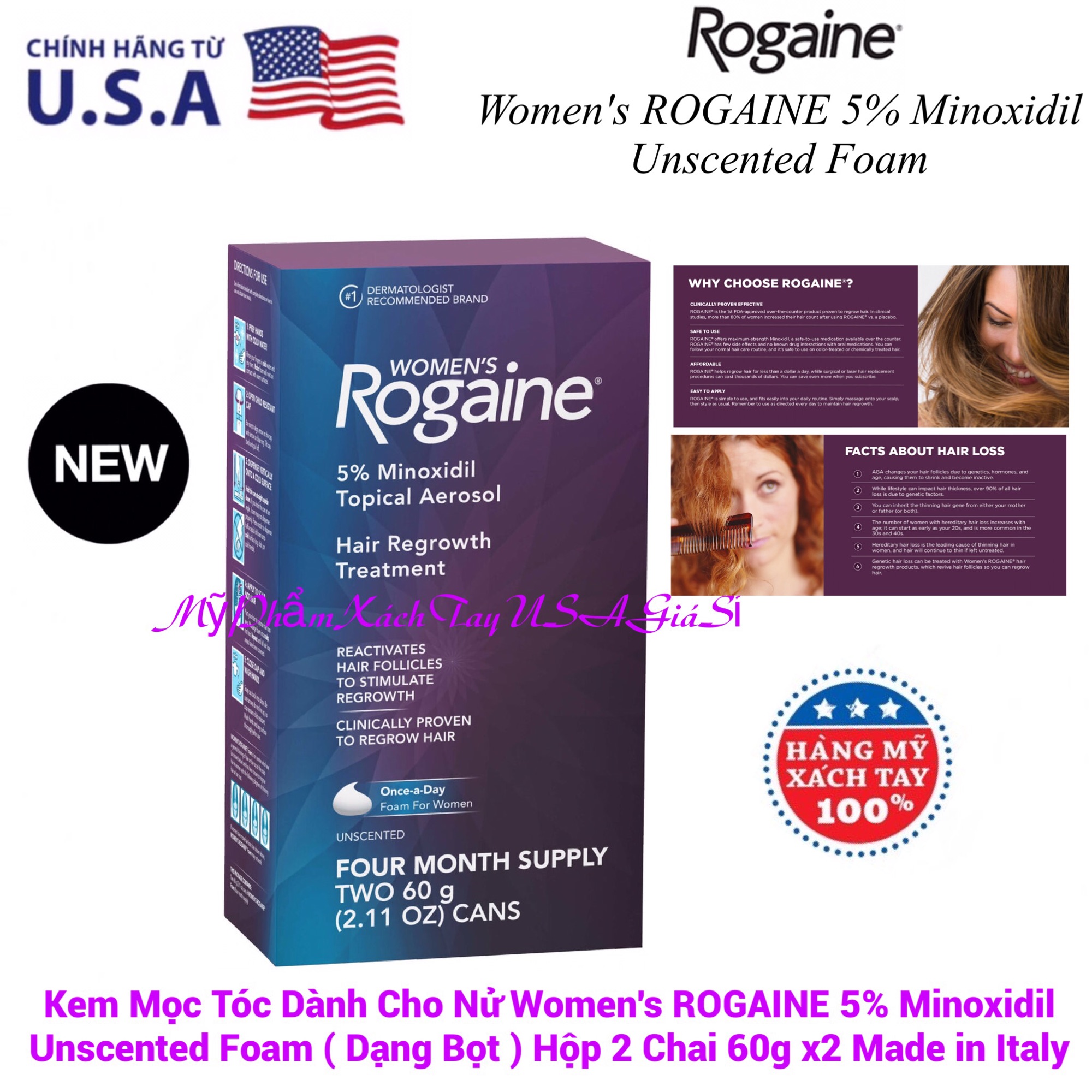 Kem Mọc T.óc Dành Cho Nử Women Rogai.ne 5% Minoxi.dil Unscen.ted Foam (Dạng Bọt) Hộp 2 Chai 60g x2 Hàng Italy