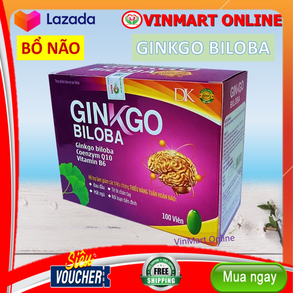 Viên Uống Bổ Não Ginkgo Biloba Citicoline, Vitamin B6 giúp bổ não, tăng cường tuần hoàn não, lưu thông mạch máu não,giảm đau đầu, hoa mắt, chóng mặt, mất ngủ