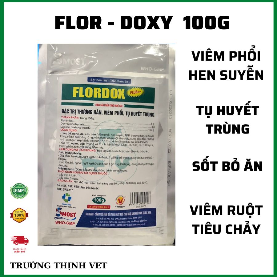 Flo Doxy 100gam thương hàn viêm phổi tụ huyết trùng sốt bỏ ăn. Thú y Trường Thịnh 