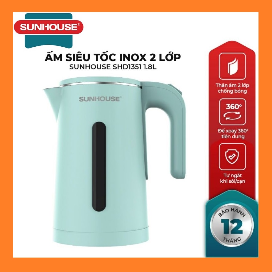Bình đun siêu tốc sunhouse 1.7 lít - ấm đun nước inox 2 lớp shd1351 có đèn led 1.8 lít 1850w