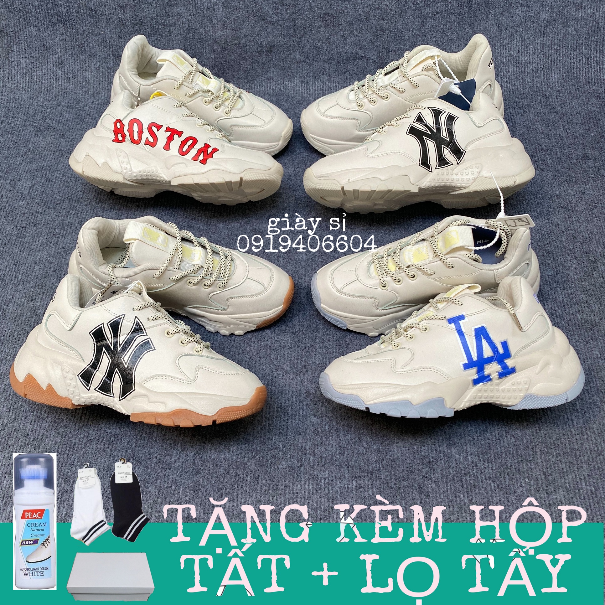 Tặng kèm hộp tất+lọ tẩy -giày thể thao nữ nam mlb chunky boston ,ny,la hàn quốc - giày giá rẻ