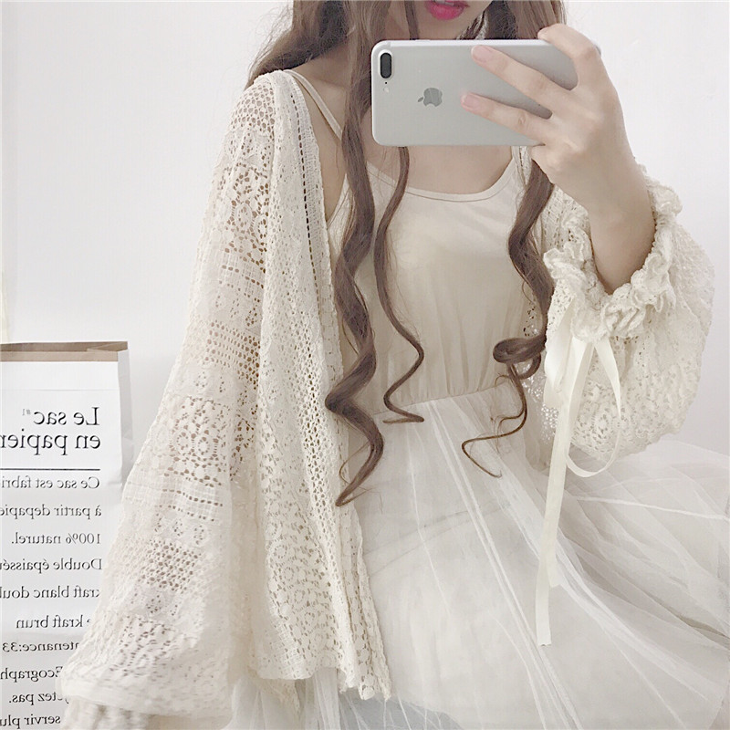 Áo khoác cardigan ren lưới đi biển MÀU BE
