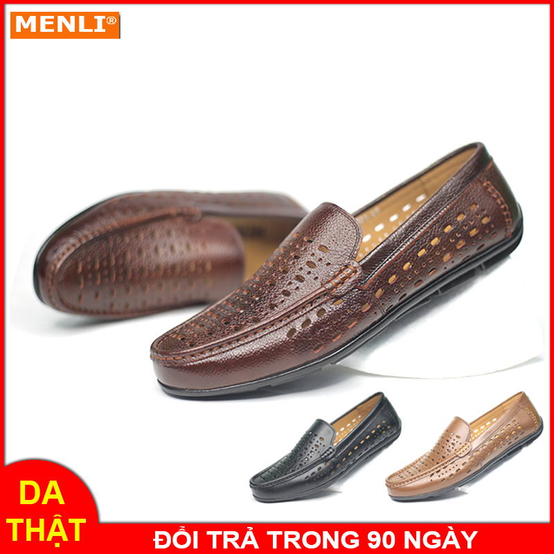 [DA BÒ - CÓ VIDEO - BH 12 THÁNG] Giày lười nam da bò thật MENLI GLLZ161 đục lỗ thoáng khí