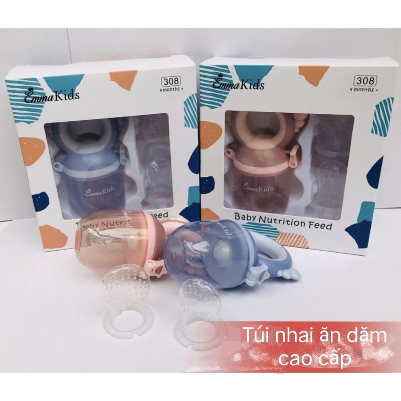 Túi Nhai Ăn Dặm Chống Hóc Silicon Cao Cấp Chính Hãng Emma Kids Hàn Quốc - Tặng 2 Size Túi Nhai Siêu Mềm.