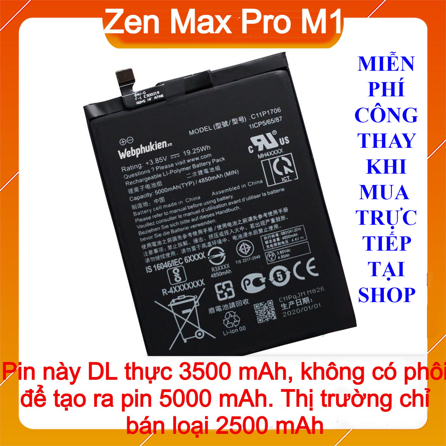 Pin Scud cho Asus Zenfone Max Pro M1 ZB601KL ZB602KL X00TDB C11P1706 dung lượng 5000mAh (Đen)