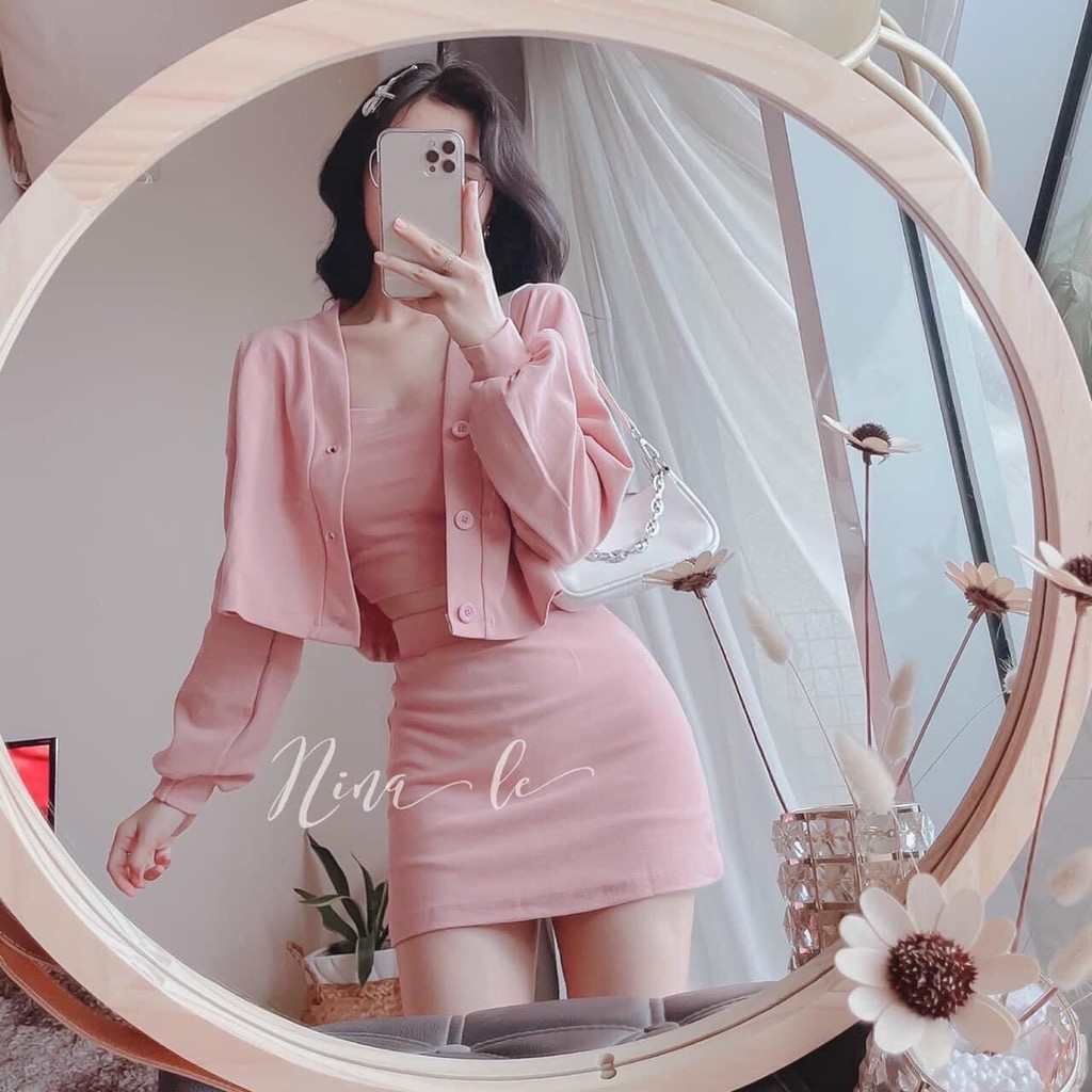 Set 3 món áo 2 dây kèm áo cardigan chân váy ngắn FREESHIP Áo cardigan mix chân váy xinh xắn AD144