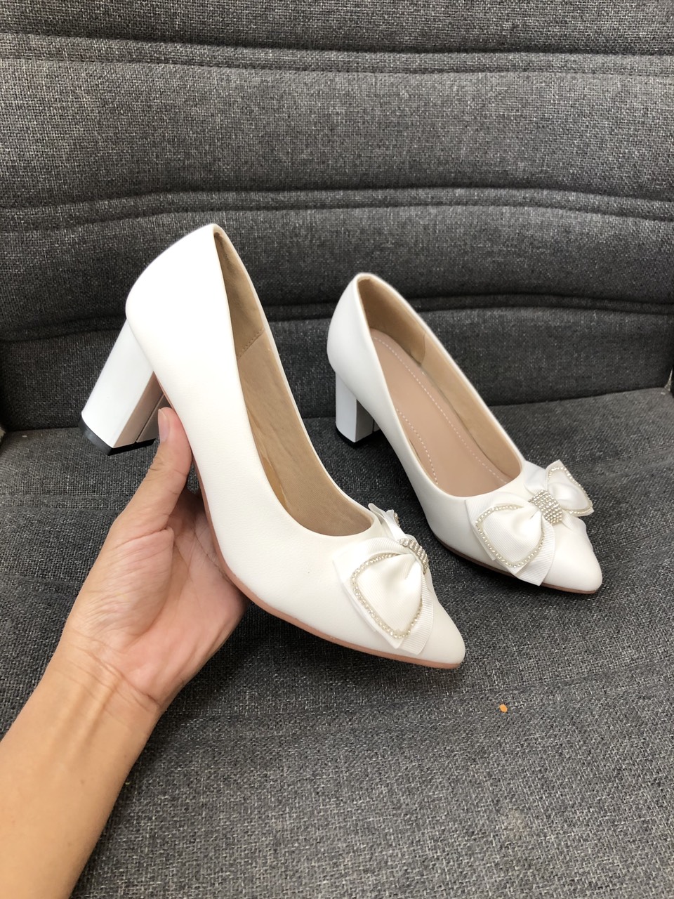 Giày cao gót công sở 5cm gót vuông mũi nhọn có nơ lụa kiểu dáng tiểu thư