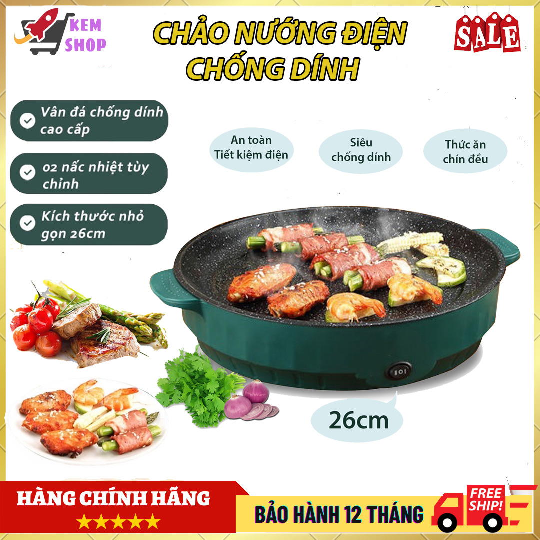 Chảo nướng điện đa năng, bếp nướng điện vân đá chống dính cap cấp, chảo nướng 26cm công suất 600W, nướng thịt BBQ hàn quốc, nhỏ gọn tiện dụng bảo hành 12 tháng