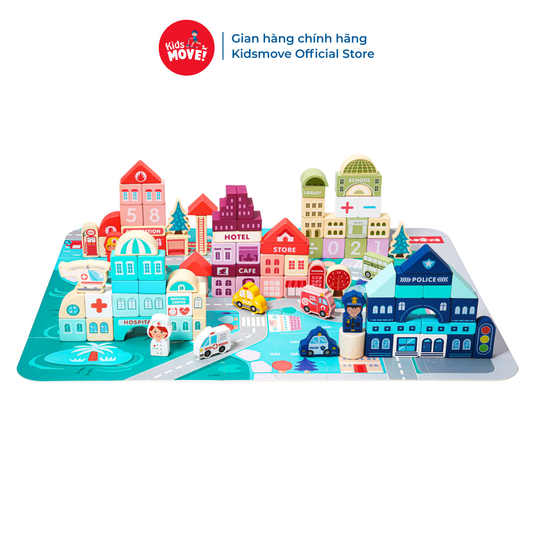 Bộ đồ chơi xếp hình khối gỗ thành phố 3D 120 chi tiết cho bé 3 4 5 6 tuổi kèm hộp và túi đựng hàng chính hãng tiêu chuẩn châu Âu an toàn với trẻ em