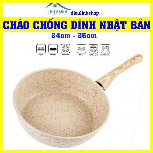 Chảo chống dính nhật bản 24cm, 26cm chảo vân đá, chảo chống dính màu trắng kem sang trọng, cao cấp tramanshop