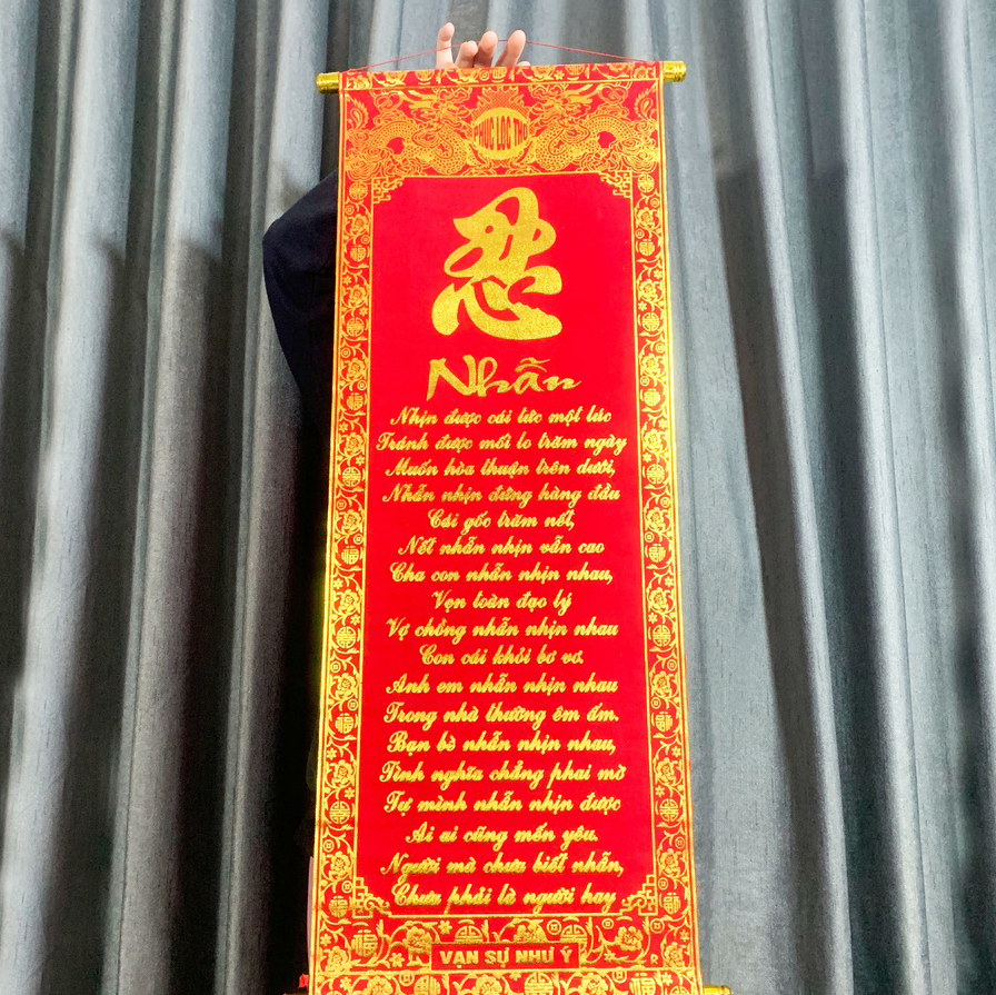 Liễn nhung trang trí tết chữ thư pháp 35x83cm Phúc Lộc Thọ Đức Nhẫn chất nhung đỏ chữ vàng cực đẹp