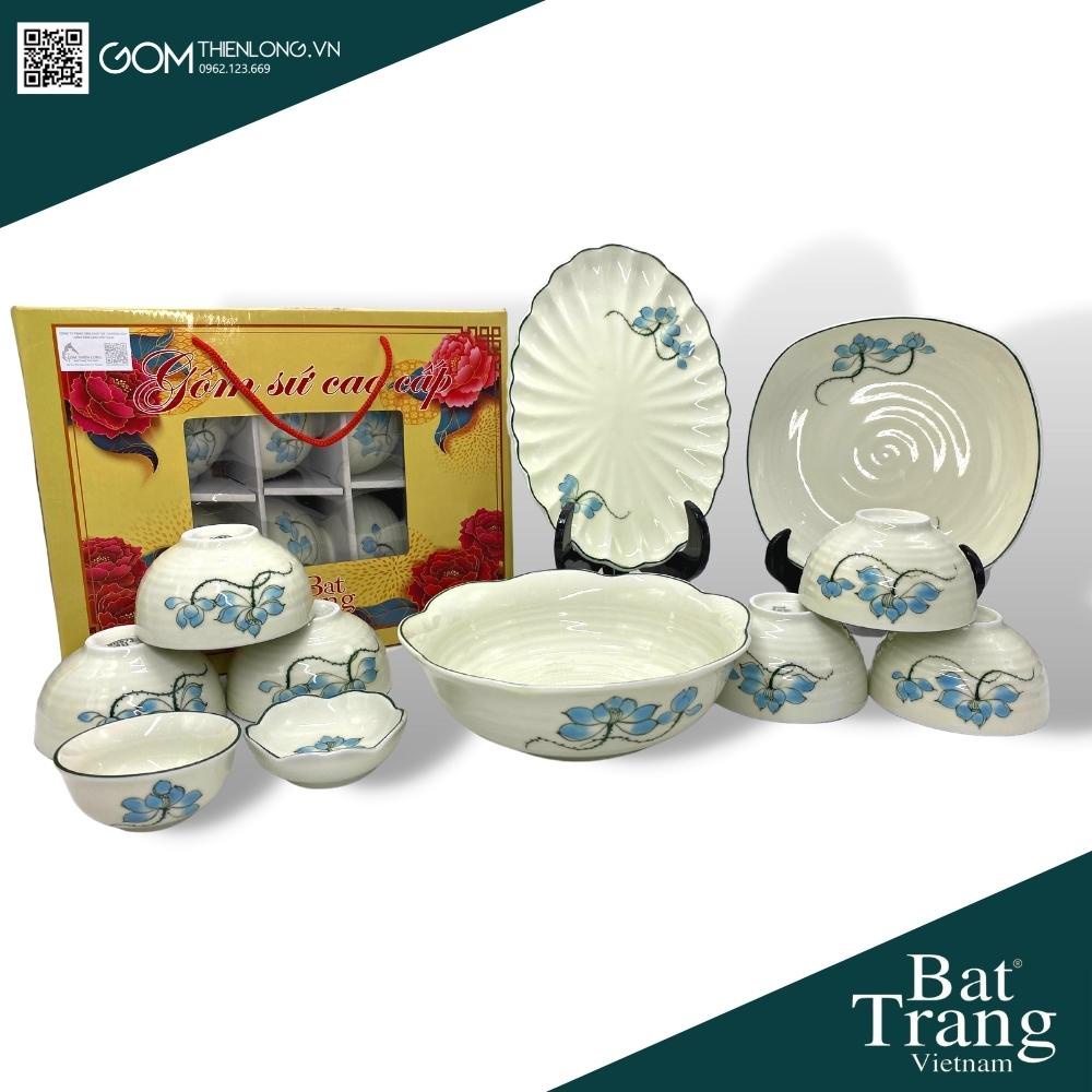 Bộ bát đĩa cao cấp sen xanh | bát đĩa bát tràng chính hãng loại 1 | gốm thiên long