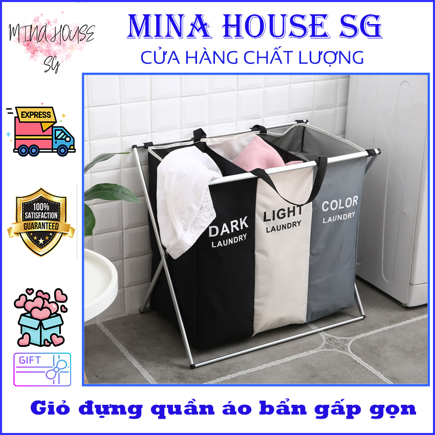 Giỏ đựng quần áo giặt nhiều ngăn phân loại quần áo, Túi đựng quần áo bẩn khung nhôm, Sọt đựng quần áo MINA HOUSE SG
