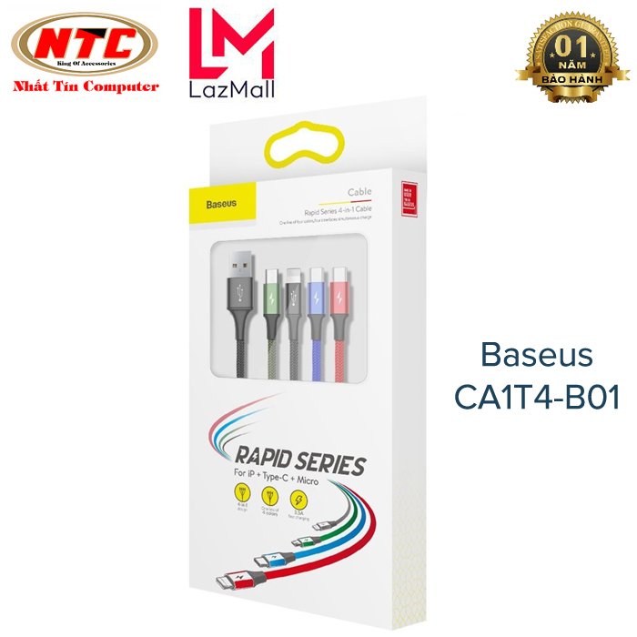Cáp sạc 4 đầu baseus ca1t4-b01 rapid dài 1.2m max 3.5a tích hợp 2 typec/ lightning/ microusb - nhat tin authorised store