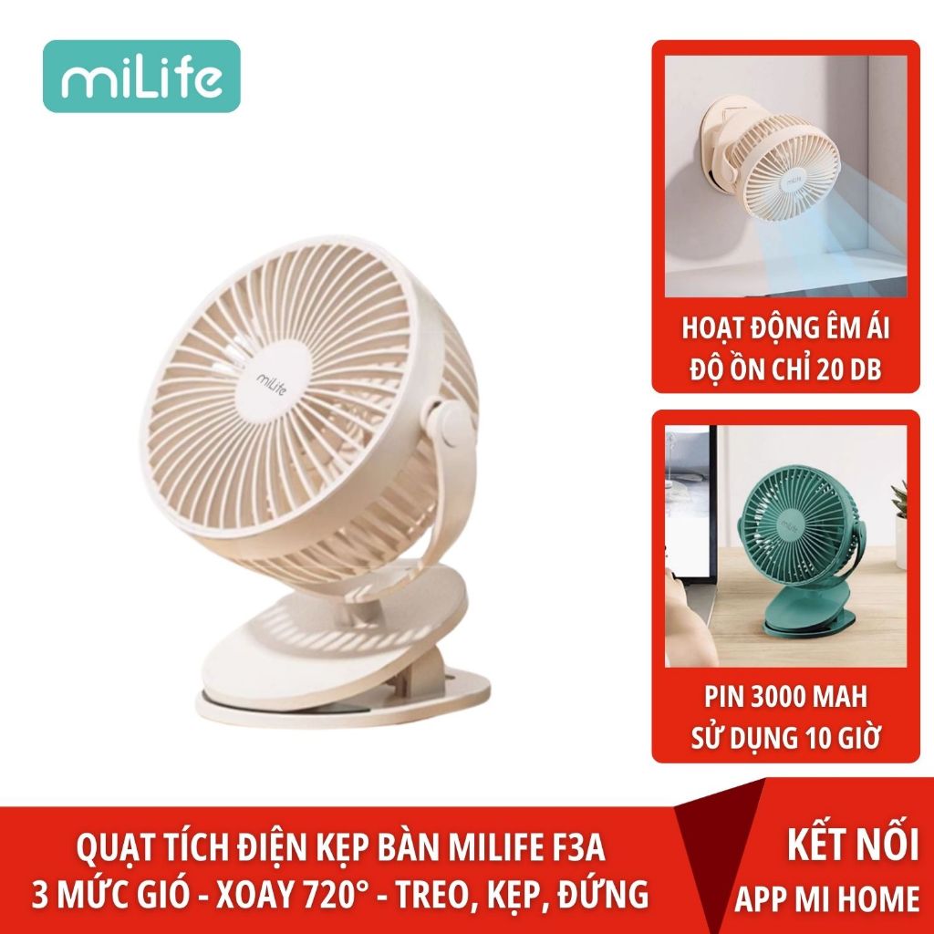 Quạt kẹp tích điện miLife F3A cánh 12cm dung lượng pin 3000mAh có thể tích điện 10 tiếng động cơ không chổi than bền bỉ