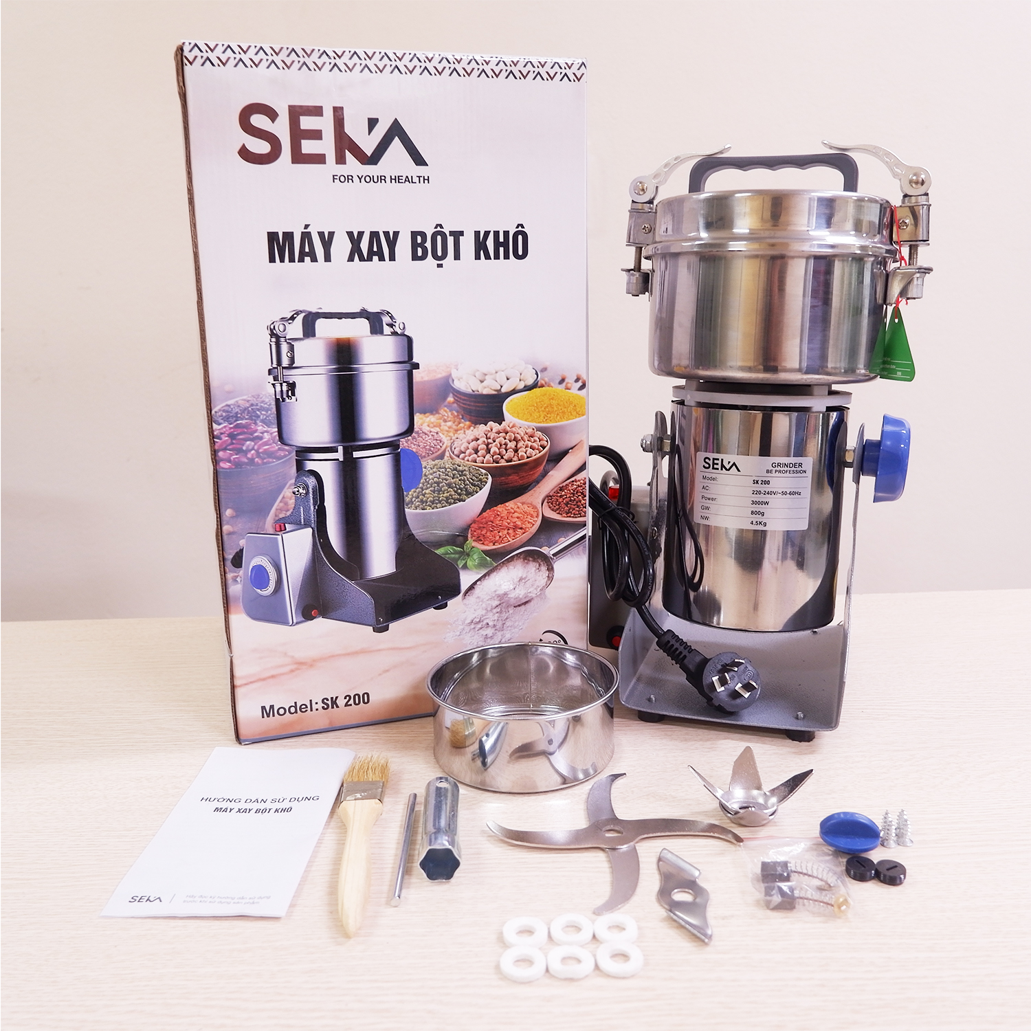 Máy Xay Bột Khô Siêu Mịn - Máy Xay Bột Khô SEKA SK200 - Máy Xay Nghệ Tươi Ngũ Cốc Tam Thất Loại 800g Nắp Gài Inox 304 Sáng Bóng Đẹp