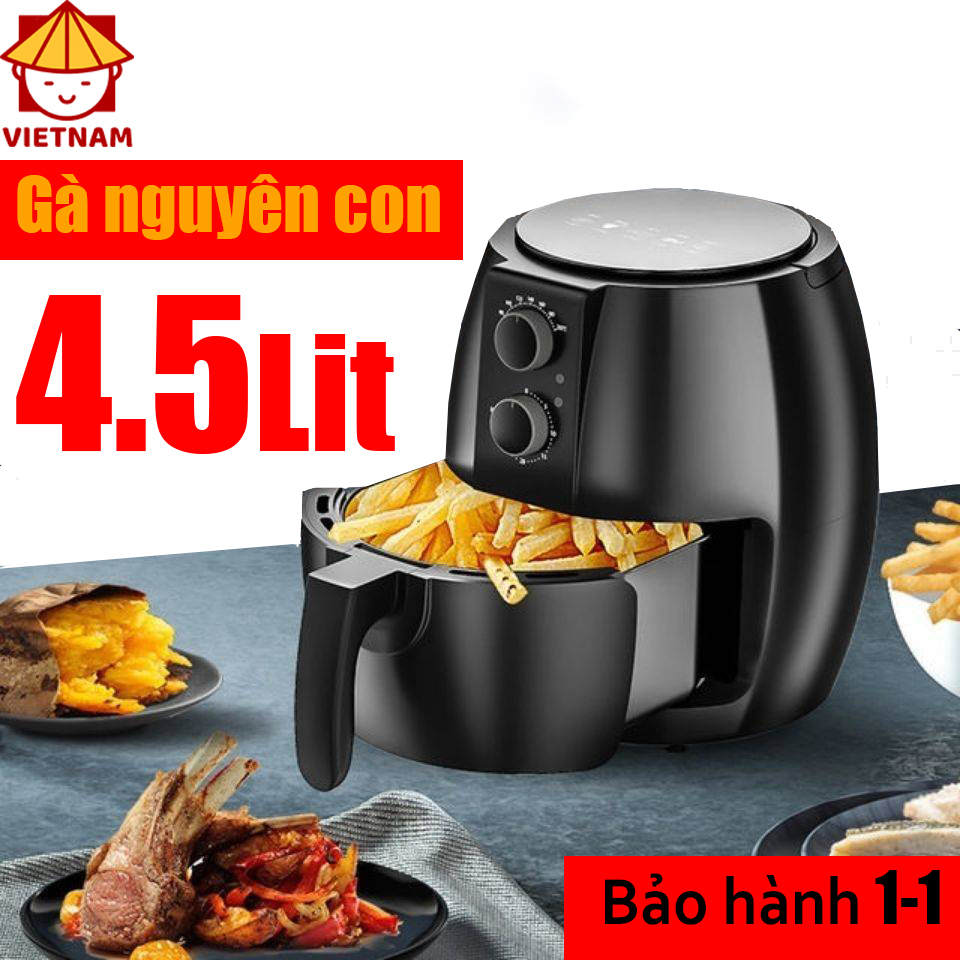 Nồi chiên không dầu dung tích lớn 4.5Lit, Thiết kế vỏ cải tiến 2 lớp giảm toả nhiệt, chạy cực êm, tiết kiệm điện