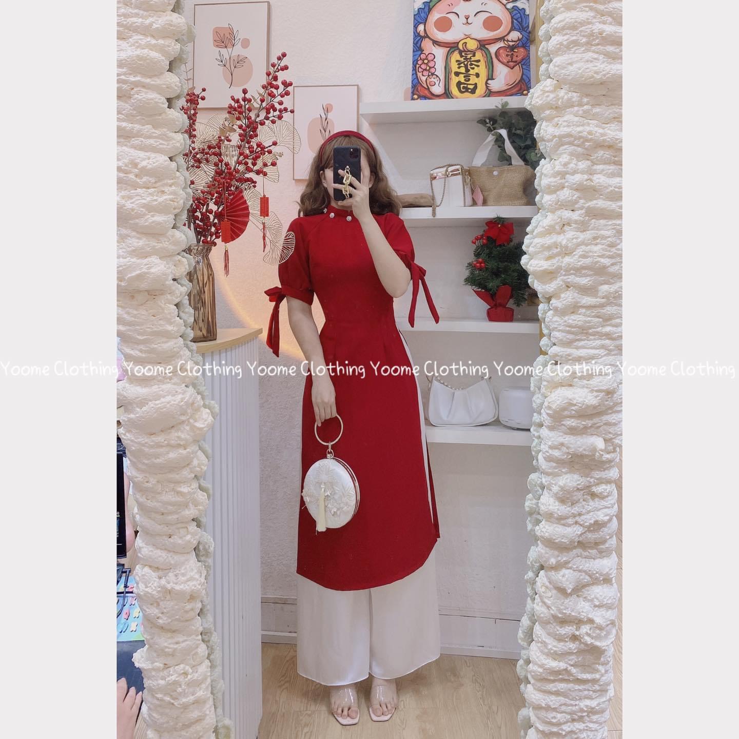 [25-27.4 Hoàn tiền 15%] Áo dài đỏ cách tân tay nơ cúc ngọc hot hit Vải lụa ngọc trai mềm mướt, khoá 
