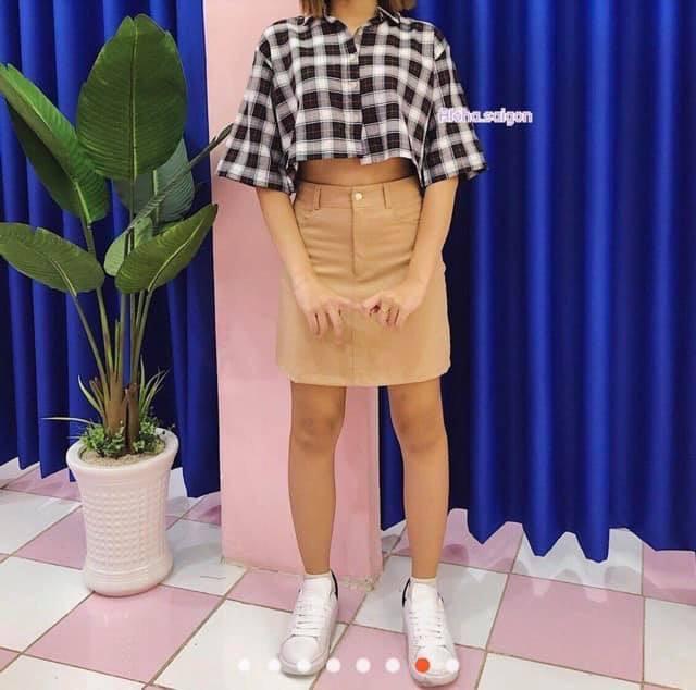 Áo sơ mi croptop ngắn tay sọc ca rô dễ thương cá tính otis eva ao 10321