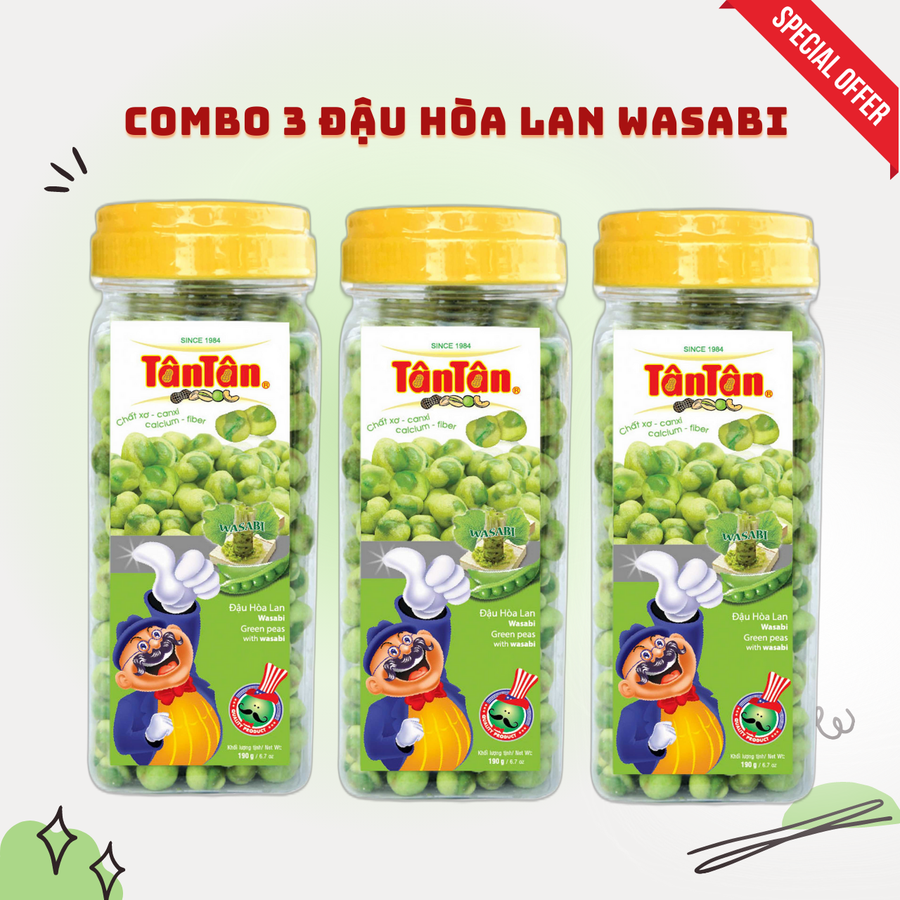 [Giá ưu đãi] Đậu Hòa Lan Wasabi Tân Tân hộp 190g - Combo 3 Hũ