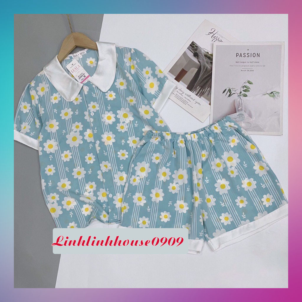 Đồ ngủ Pijama lụa cao cấp mango cộc đùi hoa cúc xanh