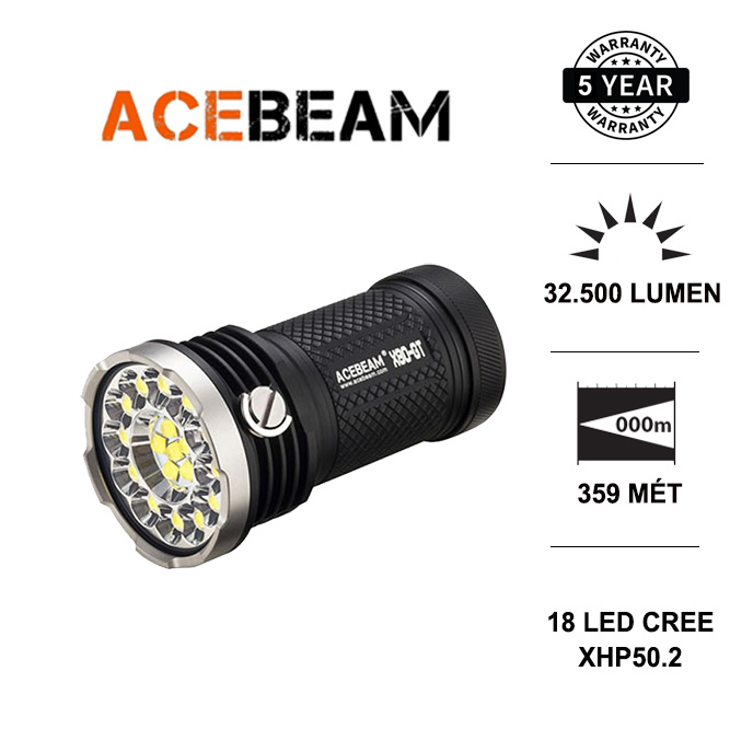 Đèn pin siêu sáng chiếu tỏa pin trâu Acebeam X80GT sáng 32500 lumens  18 LED x CREE XHP50.2 , sử dụng 4 pin dòng xả cao Acebeam 18650 (kèm theo) Đèn Đèn pin