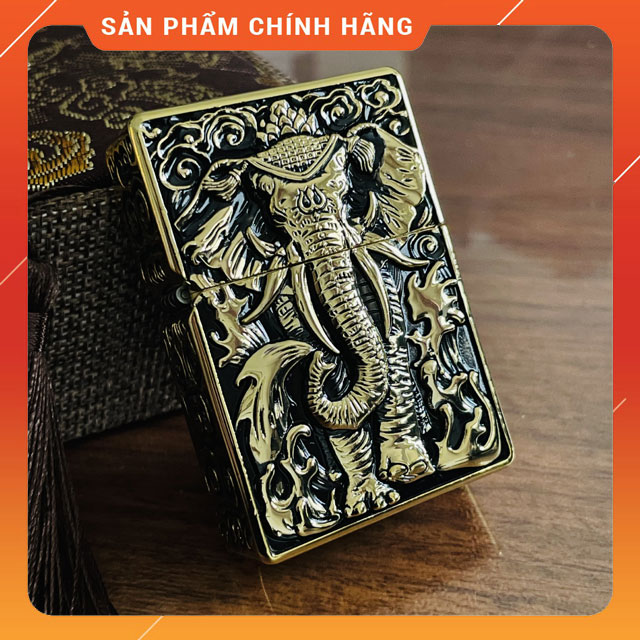 Vỏ hộp quẹt bật lửa xăng đá đẹp độc lạ z-kj1015 màu vàng cổ họa tiết con voi - dùng xăng bấc đá