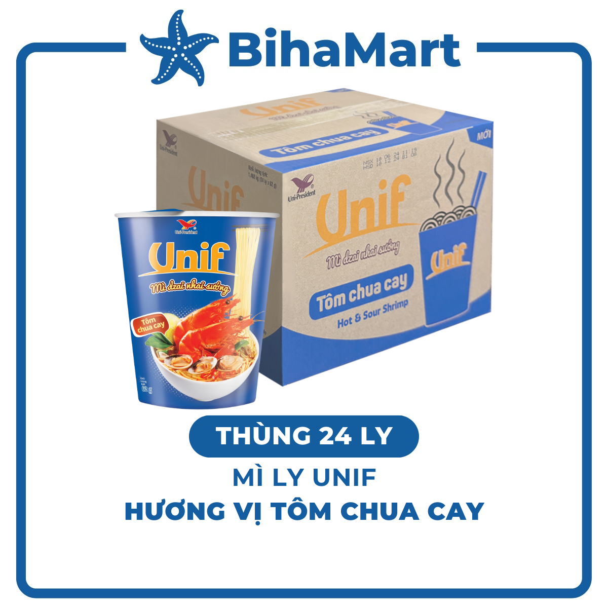 [THÙNG 24 LY] - UNI-PRESIDENT - Mì Unif ly hương vị Tôm Chua Cay (62g/ly) - Mì ly tôm chua cay, Dzai