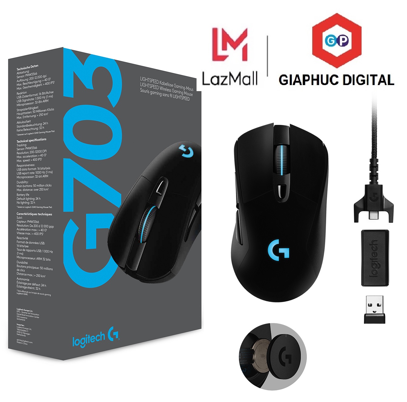  Chuột game không dây Lightspeed RGB Logitech G703 Hero - Cảm biến Hero 25k tương thích PowerPlay nhẹ 95g+10g cân tùy chỉnh pin 60h PC Mac 