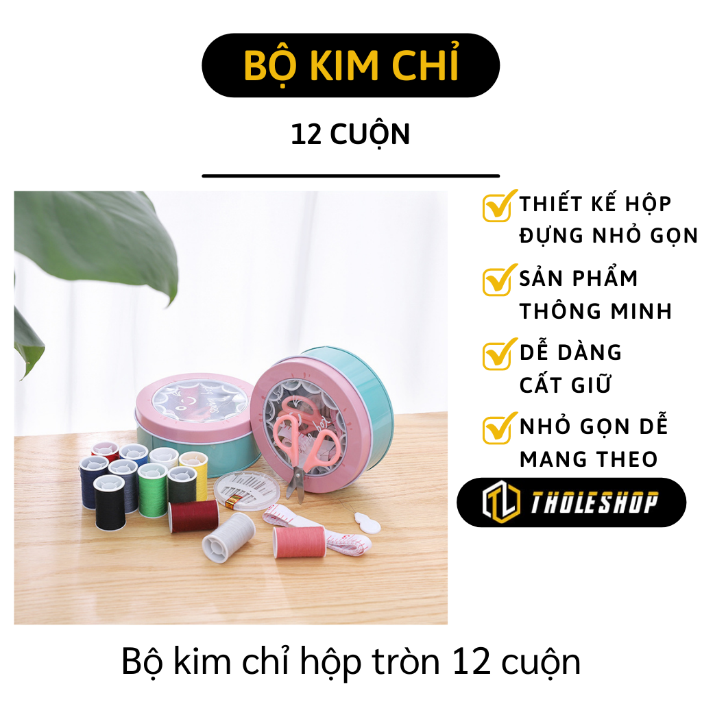 Bộ kim chỉ khâu vá - Hộp phụ kiện may vá gồm 12 cuộn chỉ, kéo, thước dây, kim khâu, đồ xỏ chỉ tiện lợi cho gia đình