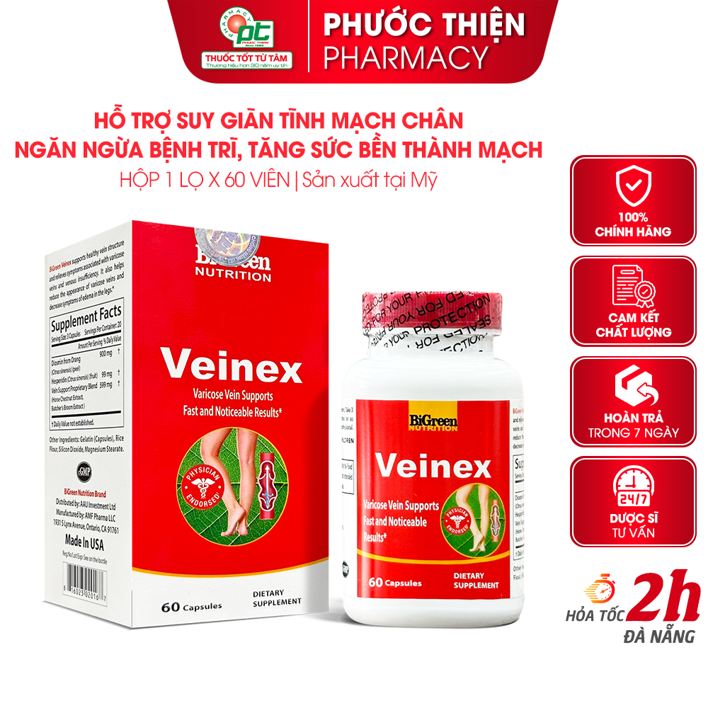 Hỗ trợ suy giãn tĩnh mạch chân Veinex Lọ 60 Viên - Phòng ngừa bệnh trĩ