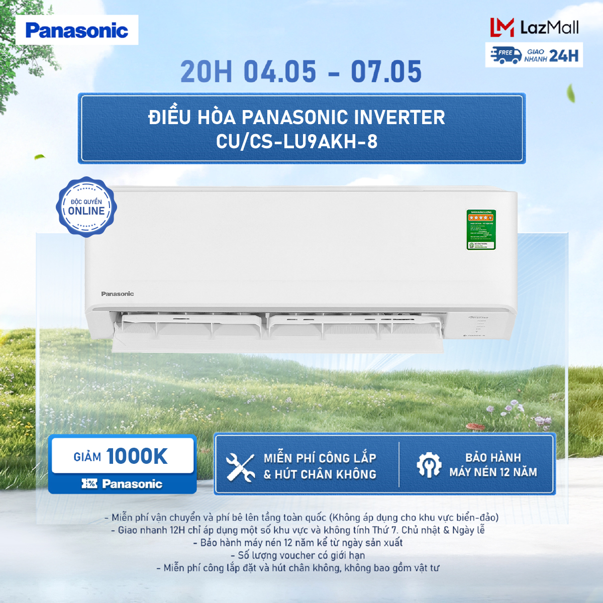 Máy lạnh/ Điều hòa Panasonic Inverter CU/CS-LU9AKH-8 - 1HP - Một chiều - Eco AI - Lọc sạch không khí NanoeX - Wifi
